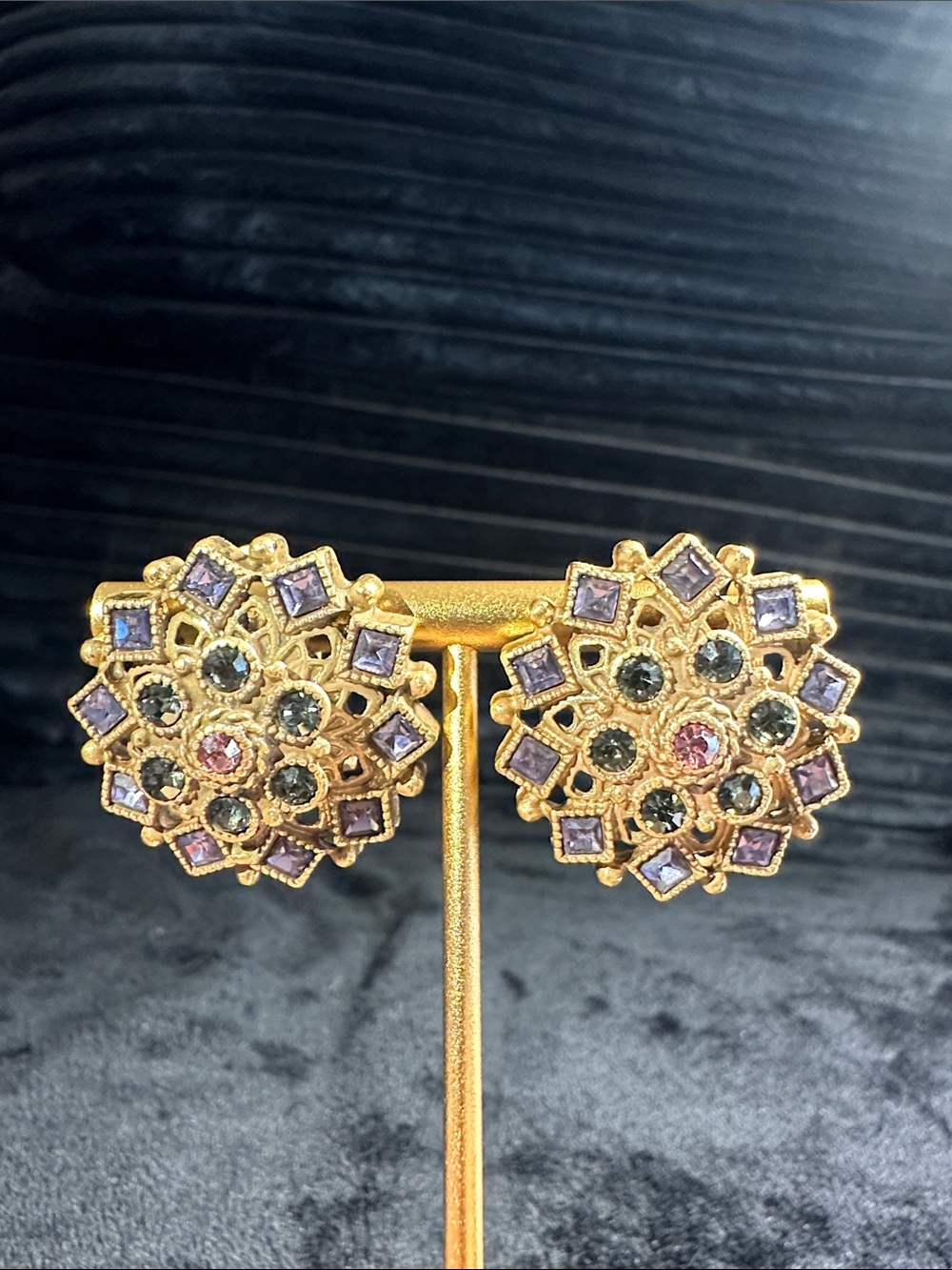 Trifari Gold-Tone Floral Cluster Earrings with Purple and Pink Crystals